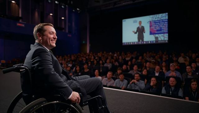 Confident wheelchair speaker engaging diverse audience at corporate event
