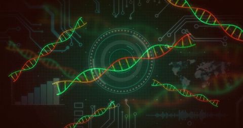 Neon DNA Helices Overlapping Futuristic HUD for Genomics Data Visualization and Biotech