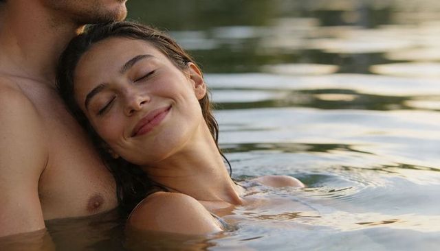 Couple embracing in lake at golden hour woman resting head on partner's bare chest serene