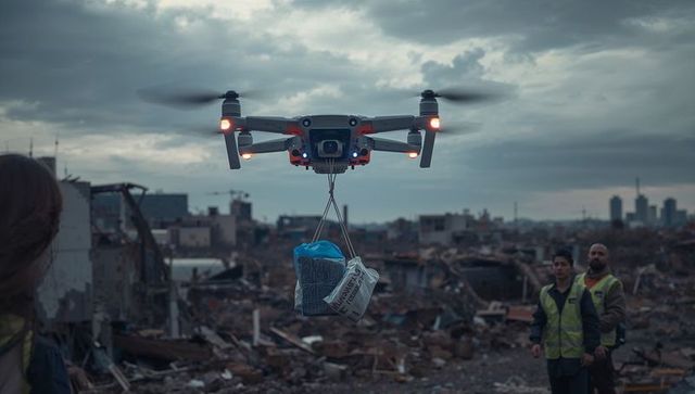 Hovering drone delivering emergency supplies over urban disaster rubble with responders