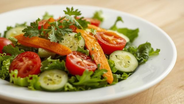Fresh garden salad with tomato, cucumber, and lettuce garnished with herbs