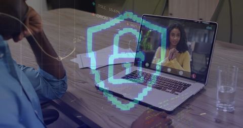 Businessman in secure video call and digital analytics overlay