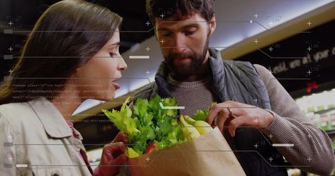 Couple inspecting fresh produce handling bananas during shopping with tech overlay