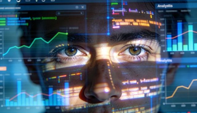 Man analyzing projected financial charts and code overlays with focused data-driven gaze