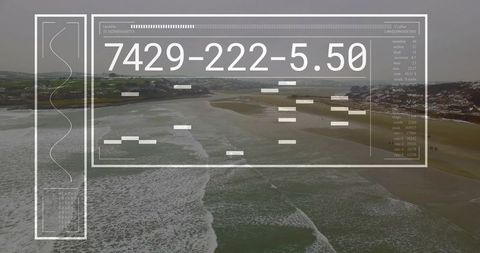 Coastal bay scanning hud overlay from drone showing navigation data and surf mapping