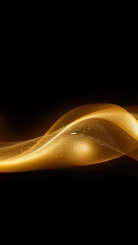 Vertical video of golden ribbon wave undulating across black void, shimmering droplets, luxury motio