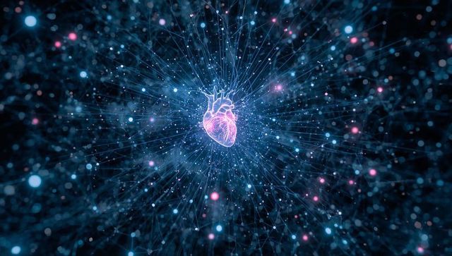 Neon anatomical heart anchoring digital network of glowing data nodes and neural filaments