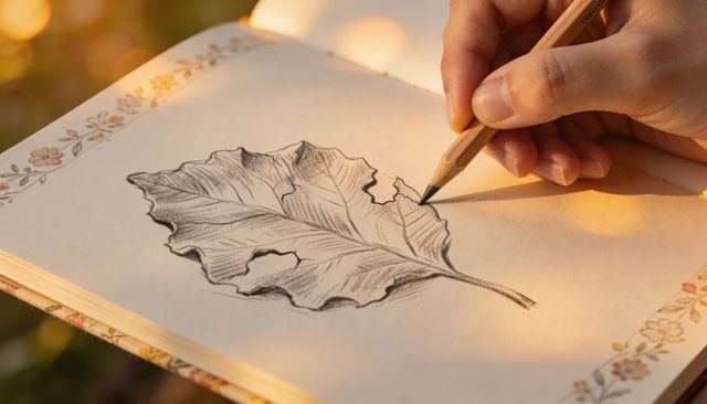Hand sketching detailed graphite leaf on floral sketchbook in warm golden hour light
