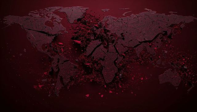 Cracking World Map Breaking into Shards on Dark Red Background, Fractured Global Concept