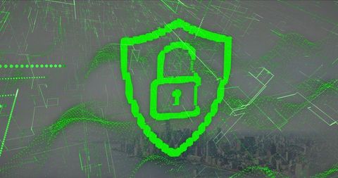 Futuristic Cybersecurity Shield Floating Over Cityscape Digitized Cityscape
