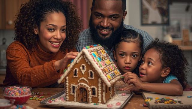 Family decorating gingerbread house together in cozy kitchen