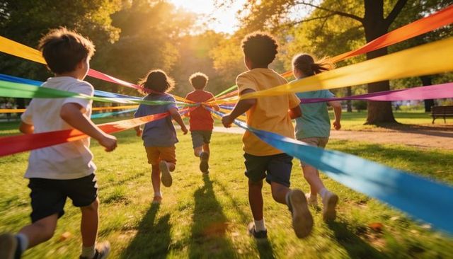 Children racing through sunlit park with streaming colorful ribbons, joyful outdoor play
