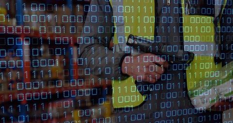Retail security guard wearing high-vis vest with holstered gun under binary code overlay