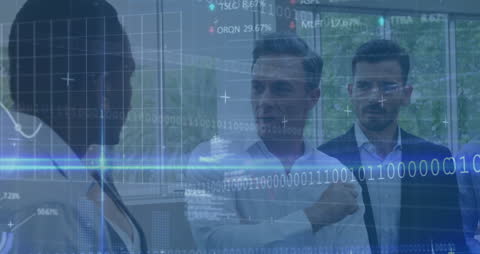 Futuristic Business Meeting with Digital Data Overlays