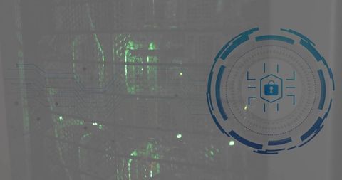 Protecting datacenter: server rack with cybersecurity hud, green leds and circuitry