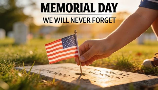 Placing american flag on grave for memorial day tribute at sunrise