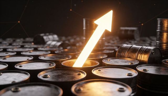 Glowing arrow rising from metal oil barrels signaling fuel price surge and market growth
