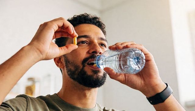 Man taking vitamin capsule while drinking water in bright kitchen, wellness and hydration