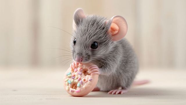 Tiny Gray Mouse Nibbling Pink-Frosted Donut with Colorful Sprinkles Closeup, Adorable Cozy