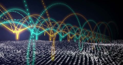 Neon data waves tracing teal and yellow arches over numeric grid in virtual visualization