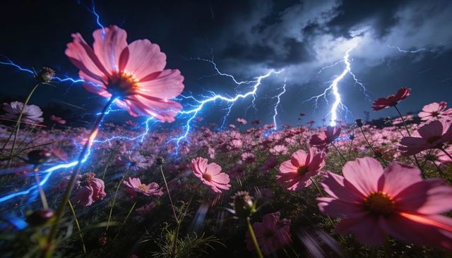 Cosmos meadow glowing under lightning storm with neon blue bolts and dramatic night sky