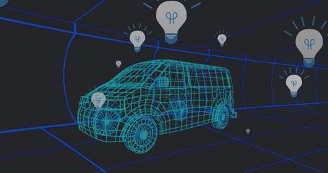 Futuristic 3D Car Model with Innovation Symbols