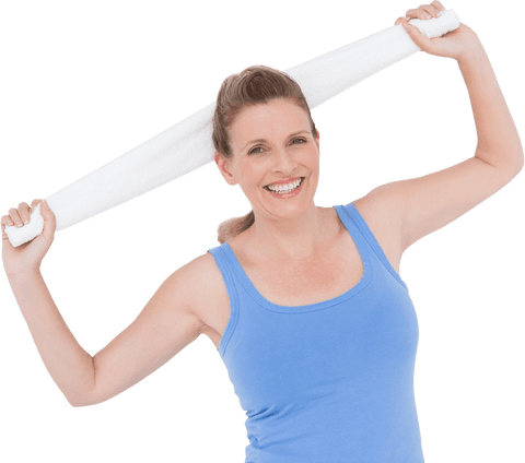 Fit Middle-Aged Woman Holding White Towel Smiling Transparent Background - Download Free Stock Videos Pikwizard.com