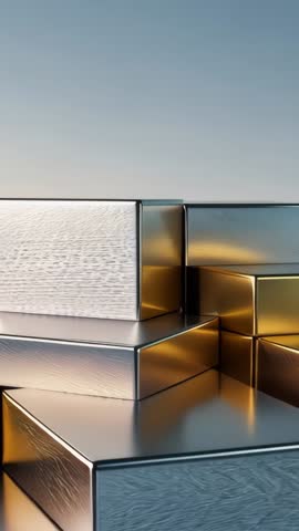 Sliding silver block docking golden prism forming reflective 3D platform vertical loop