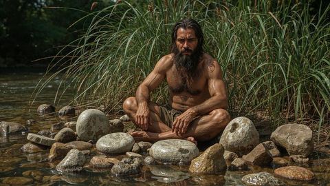 Caveman meditating in nature beside calm stream