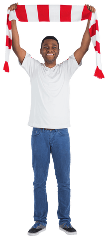 Joyful African American Fan Holding Red and White Scarf