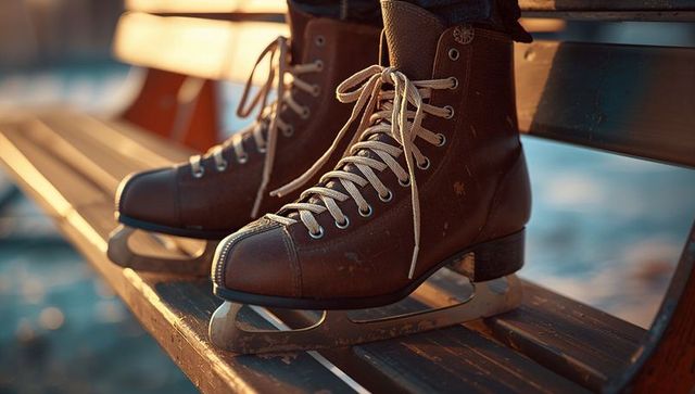 Vintage Brown Leather Ice Skates Resting on Weathered Bench