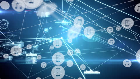 Futuristic Digital Network with Music and Data Icons