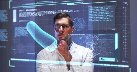 Scientist analyzing data with interactive digital interface