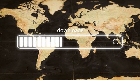 Global downloads progress bar overlaying vintage world map with glowing segmented loader
