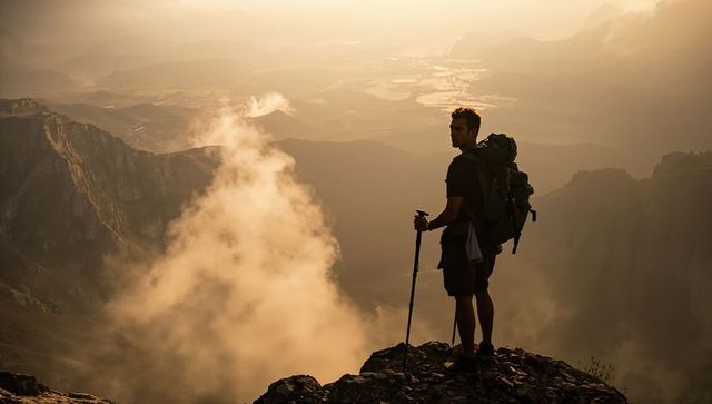Hiker standing on high ridge scanning misty valley at golden sunrise with backpack, pole