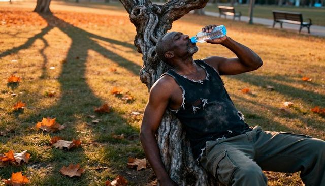 Man drinking water while leaning on gnarled tree in autumn park at golden hour