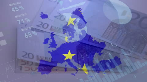 Animated EU Flag and Map Overlay on Euro Banknote Background