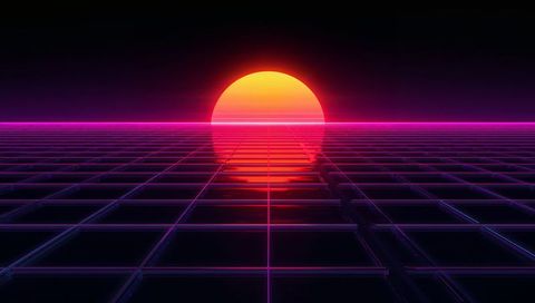Neon sunset reflecting on futuristic grid with retro 80s synthwave vibes
