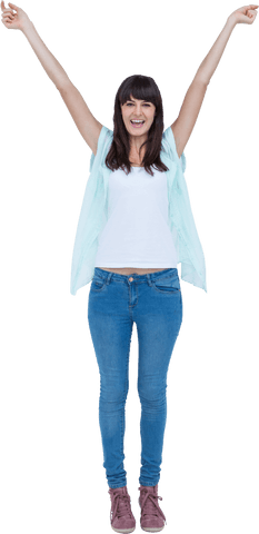 Excited Woman Celebrating with Arms Raised on Transparent Background