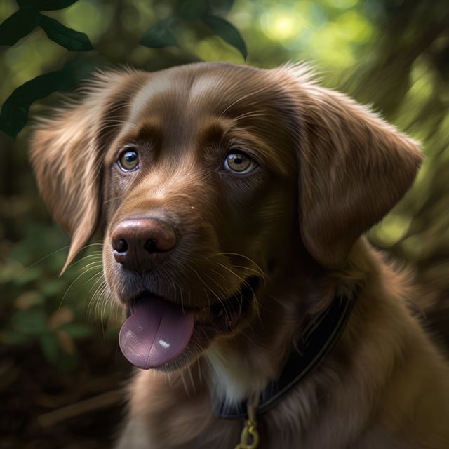 Close up of brown dog sticking tongue out in forest created using generative ai technology. Animals, dog and pet concept digitally generated image.