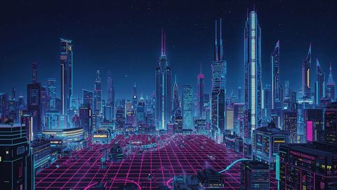 Neon cyberpunk metropolis at night with magenta grid plaza and futuristic skyscrapers
