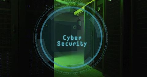 Cyber Security Interface Display in Futuristic Data Center Corridor
