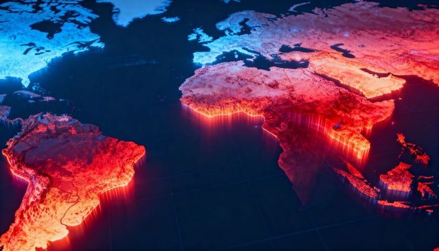 Neon 3d world map highlighting south america and africa with vertical data pillars
