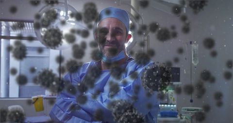 Confident surgeon in or with viral overlay conveying infection risk and safety measures