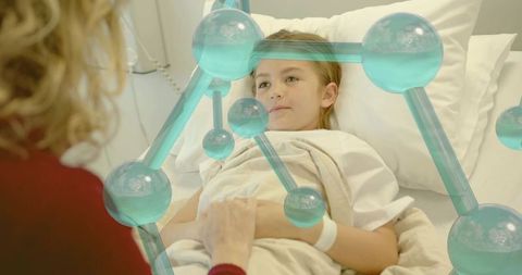 Parent holding child in hospital bed with molecular healthcare overlay