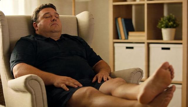Plus-size man reclining barefoot in wingback chair, relaxing in cozy modern living room