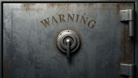 Aged steel safe door featuring warning lettering and heavy duty lock wheel, rustic vault