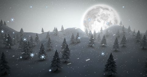Winter Night with Snowfall and Full Moon over Snowy Trees
