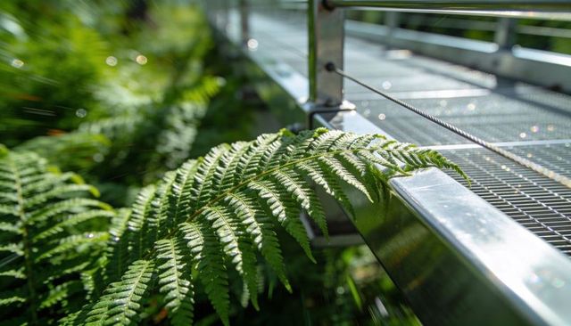 Sunlit fern frond arching over stainless steel grated walkway with dew on handrail