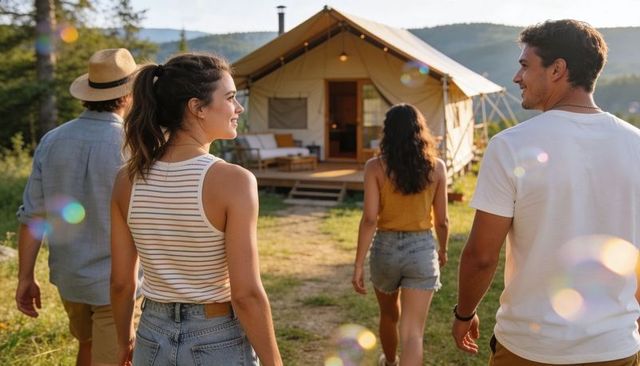 Friends walking toward luxury glamping tent at sunset outdoor vacation lifestyle together